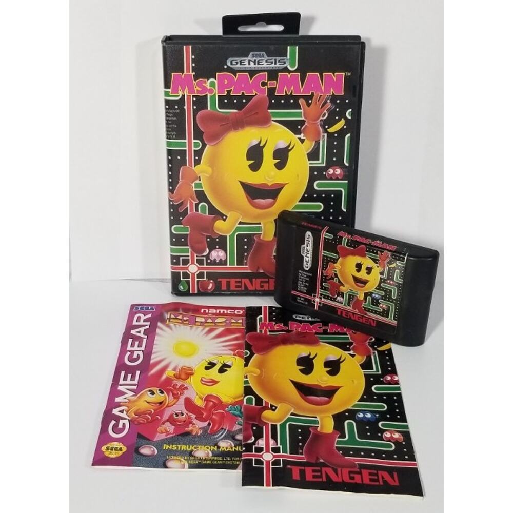 Ms. Pac-Man Sega Genesis game tested cartridge case manual 1991 complete vintage
